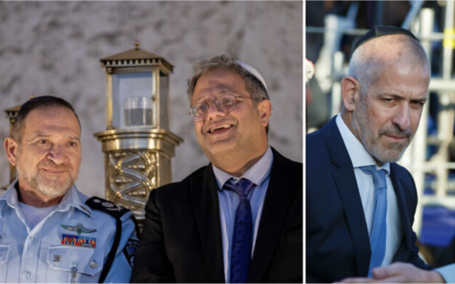 Montage photos : De gauche à droite, le chef de la police, Kobi Shabtai, le ministre de la Sécurité nationale, Itamar Ben Gvir, et le chef du Shin Bet, Ronen Bar. (Crédit : Flash90)