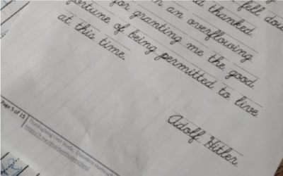 Un plan de cours partagé par le créateur du groupe néo-nazi "Dissident Homeschool Network", dans lequel les enfants apprennent à écrire en recopiant une citation d'Hitler, le 22 novembre 2022. (Crédit : Telegram/JTA)
