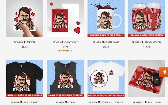Une capture d'écran non datée montrant certains des produits de la Saint-Valentin portant l'image d'Hitler qui ont été répertoriés puis retirés du site Web de la société australienne Spicy Baboon. (Crédit : Australian Anti-Defamation Commission) Une capture d'écran non datée montrant certains des produits de la Saint-Valentin portant l'image d'Hitler qui ont été répertoriés puis retirés du site Web de la société australienne Spicy Baboon. (Crédit : Australian Anti-Defamation Commission)