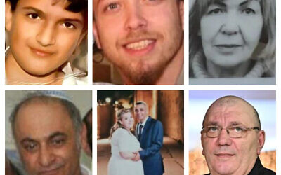 Les sept victimes d'un massacre commis devant une synagogue, le 27 janvier 2023 à Jérusalem. De gauche à droite et de haut en bas : Asher Natan, Shaul Hai, Ilya Sosansky, Eli et Natali Mizrahi, Irina Korolova et Rafael Ben Eliyahu. (Crédit : autorisation)