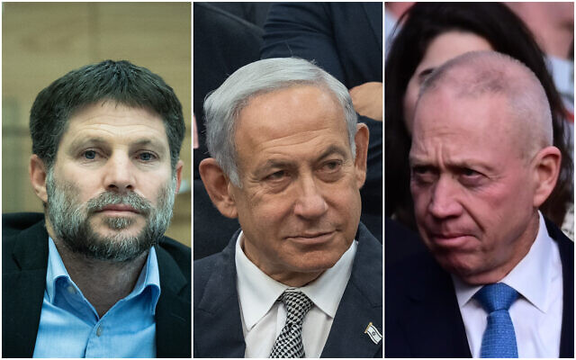 De gauche à droite : Le ministre des Finances Bezalel Smotrich, le Premier ministre Benjamin Netanyahu et le ministre de la Défense Yoav Gallant. (Crédit : Yonatan Sindel ; Tomer Neuberg/Flash90) De gauche à droite : Le ministre des Finances Bezalel Smotrich, le Premier ministre Benjamin Netanyahu et le ministre de la Défense Yoav Gallant. (Crédit : Yonatan Sindel ; Tomer Neuberg/Flash90)