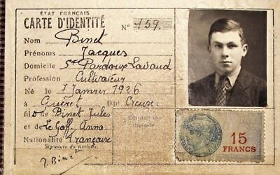 La fausse carte d'identité de Jacques Bloch, dit "Binet", durant la guerre. (Crédit : collection familiale)