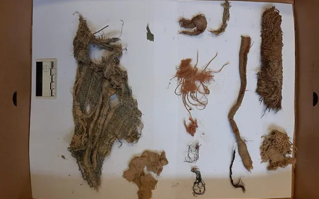 Des textiles trouvés sur le site de Nahal Omer, dans la région d'Avara, dans le sud d'Israël, préparés pour des analyses en laboratoire. (Crédit : Israel Silk Road Project/Nofar Shamir)