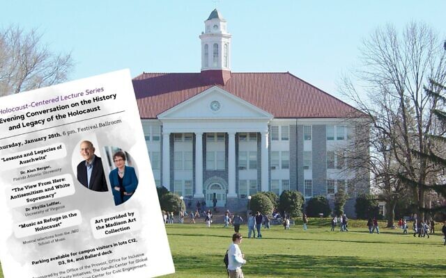 Un flyer distribué par l'université James Madison avec le programme d'un événement organisé pour la Journée de commémoration de la Shoah auquel les professeurs juifs se sont opposés. (Crédit : (Flyer via JTA/JMU campus photo CC BY-SA 3.0/ Ben Schumin)
