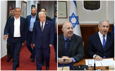 Le ministre des Affaires civiles de l'Autorité palestinienne, Hussein al-Sheikh, et le président de l'AP, Mahmoud Abbas, sur une photo postée par al-Sheikh le 12 mai 2020. Le Premier ministre Benjamin Netanyahu, à droite, et le ministre de la Coopération régionale Tzachi Hanegbi assistent à la réunion hebdomadaire du cabinet au bureau du Premier ministre à Jérusalem, en Israël, le 29 décembre 2019. (Crédit : Abir Sultan/AP)
