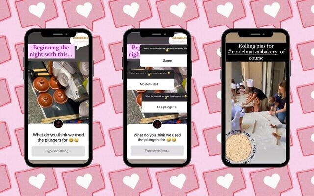 Dans une publication du compte Instagram de Habad Zambia, Rivky Hertzel a expliqué comment elle avait recyclé des ventouses pour toilettes en rouleaux à pâtisserie pour confectionner des matzot. (Captures d’écran via Instagram / Design par Jackie Hajdenberg / JTA)