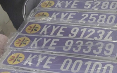 Plaques d'immatriculation trouvées par la police dans l'appartement de Shay Karamosta, le roi autoproclamé du Royaume de Yashar-El, à Hadera, dans le nord d'Israël, le 6 février 2023. (Crédit : Police israélienne)