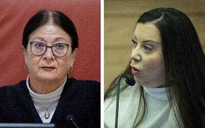 A gauche : la présidente de la Cour suprême Esther Hayut lors d'une audience à Jérusalem, le 2 janvier 2023. A droite : la députée du Likud  Tally Gotliv lors d'une réunion de la Commission de la Constitution, du droit et de la justice à la Knesset de Jérusalem, le 30 janvier 2023. (Crédit : Yonatan Sindel/Flash90)