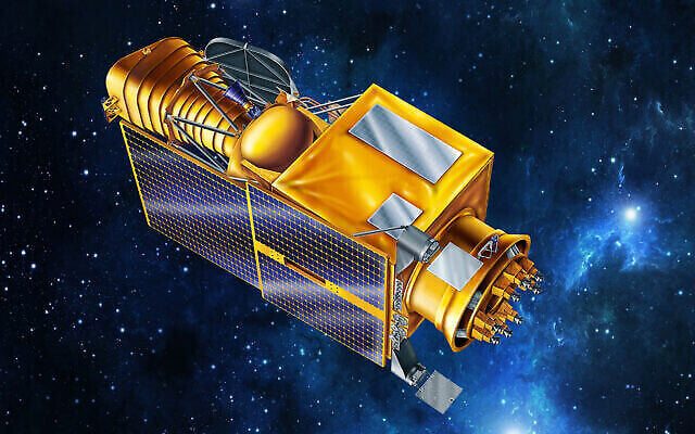 Vue d’artiste du satellite astronomique ultraviolet ULTRASAT. (Crédit : Institut Weizmann des sciences) Vue d’artiste du satellite astronomique ultraviolet ULTRASAT. (Crédit : Institut Weizmann des sciences)