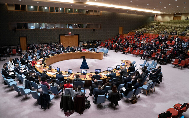 Illustration : une réunion du Conseil de sécurité au siège des Nations unies à New York, le 12 janvier 2023. (Crédit : AP Photo/John Minchillo) Illustration : une réunion du Conseil de sécurité au siège des Nations unies à New York, le 12 janvier 2023. (Crédit : AP Photo/John Minchillo)