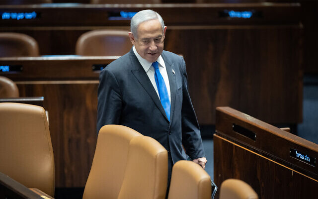 Le Premier ministre Benjamin Netanyahu à la Knesset de Jérusalem, le 6 février 2023. (Crédit : Yonatan Sindel/Flash90) Le Premier ministre Benjamin Netanyahu à la Knesset de Jérusalem, le 6 février 2023. (Crédit : Yonatan Sindel/Flash90)