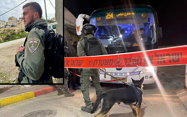 La scène d'une attaque palestinienne à l'entrée du camp de réfugiés de Shuafat à Jérusalem-Est, le 13 février 2023. En haut à gauche : Le sergent d'état-major. Asil Sawaed, tué dans l'attaque. (Crédit : Police israélienne) La scène d'une attaque palestinienne à l'entrée du camp de réfugiés de Shuafat à Jérusalem-Est, le 13 février 2023. En haut à gauche : Le sergent d'état-major. Asil Sawaed, tué dans l'attaque. (Crédit : Police israélienne)