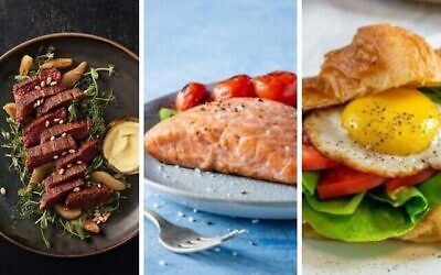 De gauche à droite : le steak à base de plantes de Redefine Meat, les filets de saumon à base de plantes de Plantish et l’œuf à base de plantes de la start-up israélienne Yo! egg. (Crédits : Redefine Meat, Plantish, Yo! Egg)