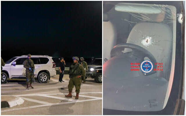 Les soldats et les secours sur les lieux d'un attentat à l'arme à feu près de Jéricho, en Cisjordanie, et les dégâts essuyés par une voiture dont le conducteur israélien a été grièvement blessé. (Crédit : Jamal Awad/Flash90; Rescuers Without Borders) Les soldats et les secours sur les lieux d'un attentat à l'arme à feu près de Jéricho, en Cisjordanie, et les dégâts essuyés par une voiture dont le conducteur israélien a été grièvement blessé. (Crédit : Jamal Awad/Flash90; Rescuers Without Borders)
