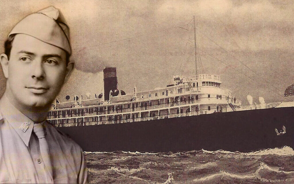 Le rabbin Alexander D. Goode et le Dorchester, réquisitionné par l'armée américaine pendant la Seconde Guerre mondiale, qui avait coulé après avoir été torpillé par les Allemands, le 3 février 1943. (Crédit : Mark Auerbach via JTA) Le rabbin Alexander D. Goode et le Dorchester, réquisitionné par l'armée américaine pendant la Seconde Guerre mondiale, qui avait coulé après avoir été torpillé par les Allemands, le 3 février 1943. (Crédit : Mark Auerbach via JTA)