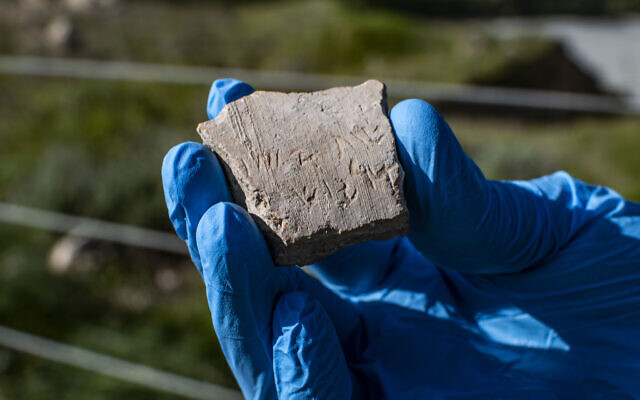 Un tesson découvert à Tel Lachish avec l'inscription aramaïque "Année 24 de Darius". Considérée comme authentique, l'Autorité israélienne des antiquités a annoncé, le 3 mars 2023, que c'était un faux. (Crédit : Yoli Schwartz/IAA)