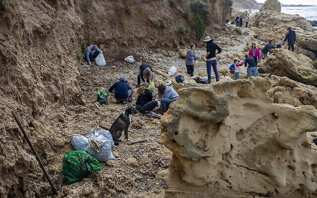 Des civils nettoient le goudron issu d’une fuite de pétrole en mer Méditerranée, dans la réserve naturelle de Gador, près de Hadera, Israël, 20 févr. 2021. (Crédit : AP/Ariel Schalit) Des civils nettoient le goudron issu d’une fuite de pétrole en mer Méditerranée, dans la réserve naturelle de Gador, près de Hadera, Israël, 20 févr. 2021. (Crédit : AP/Ariel Schalit)