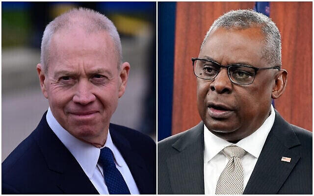 À gauche : le ministre de la Défense Yoav Gallant lors d’une cérémonie au siège de Tsahal, à Tel Aviv, le 1er janvier 2023. À droite : Le Secrétaire américain à la Défense, Lloyd Austin, prenant la parole lors d’un briefing au Pentagone, à Washington, le 16 novembre 2022. (Crédit : Tomer Neuberg/Flash90 ; AP Photo/Susan Walsh) À gauche : le ministre de la Défense Yoav Gallant lors d’une cérémonie au siège de Tsahal, à Tel Aviv, le 1er janvier 2023. À droite : Le Secrétaire américain à la Défense, Lloyd Austin, prenant la parole lors d’un briefing au Pentagone, à Washington, le 16 novembre 2022. (Crédit : Tomer Neuberg/Flash90 ; AP Photo/Susan Walsh)