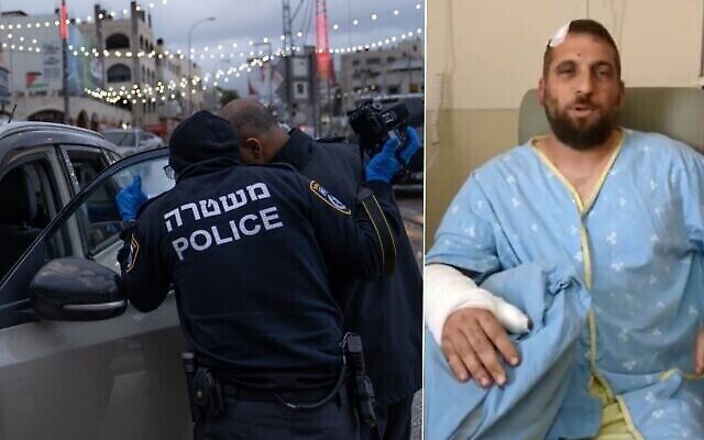 Impacts de balles sur un véhicule, à une intersection d'Huwara, en Cisjordanie suite à un attentat terroriste perpétré le 19 mars 2023. David Stern (à droite), blessé lors de l'attentat, s'exprime depuis son lit d’hôpital le 21 mars 2023. (Capture d’écran : Twitter; Utilisé conformément à l’article 27a de la Loi sur les droits d’auteur)