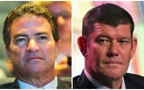 (À gauche) Le chef du Mossad Yossi Cohen lors d’une cyberconférence à l’Université de Tel Aviv, le 24 juin 2019; (À droite) James Packer lors d’une conférence de presse du projet Studio City à Macao, le 27 octobre 2015. (Crédit : Flash90; AP Photo/Kin Cheung)