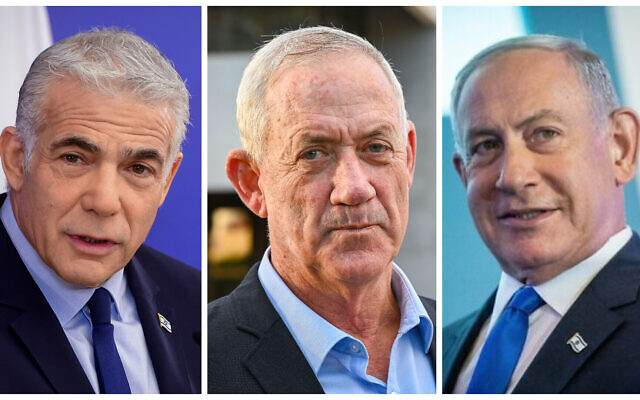 Yaïr Lapid, à gauche, Benny Gantz, au centre, et Benjamin Netanyahu, à droite. (Crédit : Flash90)