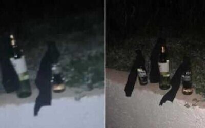 Cocktails Molotov préparés par deux Israéliens accusés d’avoir incendié la mosquée Sidna Ali à Herzliya, dans le centre d'Israël, le 29 janvier 2023. (Crédit : Ministère de la Justice)