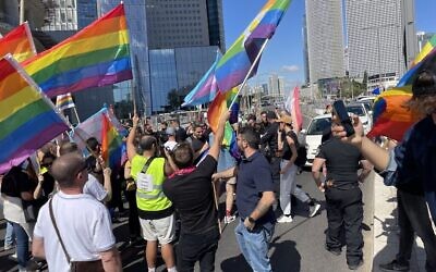 Des manifestants d’une organisation LGBTQ se joignent aux manifestants antigouvernementaux à Tel-Aviv le 9 mars 2023. (Crédit : Carrie Keller Lynn/Times of Israel)