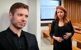 A gauche, Yair Netanyahu et l'ancienne députée Stav Shafir, à droite, lors d'une audience de la Cour de Tel Aviv, le 29 novembre 2022. (Crédit :  Avshalom Sassoni/Flash90)