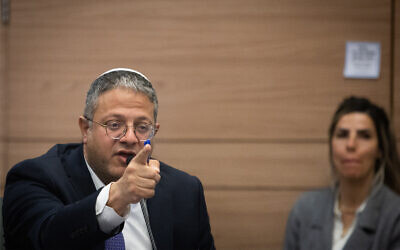 Le ministre de la Sécurité nationale, Itamar Ben Gvir, à la Knesset à Jérusalem, le 5 février 2023. (Crédit : Oren Ben Hakoon/Flash90)