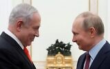Le président russe Vladimir Poutine (à droite) avec le Premier ministre Benjamin Netanyahu au Kremlin, à Moscou, le 30 janvier 2020. (Crédit : Maxim Shemtov/Pool/AFP)