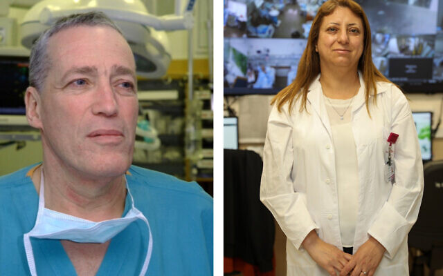 Le Pr Avi Rivkind de l’hôpital Hadassah (à gauche) et le Dr Khetam Hussein de l’hôpital Rambam font partie des allumeurs de flambeau lors de la cérémonie nationale marquant le 75e jour de l'indépendance d'Israël, le 25 avril 2023. (Crédit : Autorisation) Le Pr Avi Rivkind de l’hôpital Hadassah (à gauche) et le Dr Khetam Hussein de l’hôpital Rambam font partie des allumeurs de flambeau lors de la cérémonie nationale marquant le 75e jour de l'indépendance d'Israël, le 25 avril 2023. (Crédit : Autorisation)