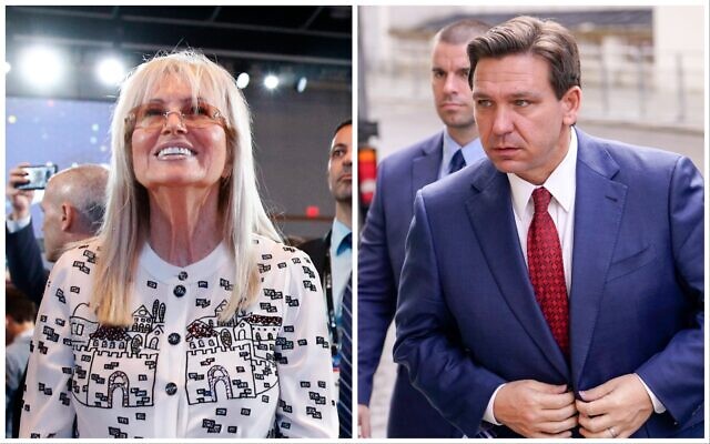 À gauche, Miriam Adelson au sommet national du Conseil israélo-américain à Hollywood, en Floride, le 7 décembre 2019. À droite, le gouverneur de Floride Ron DeSantis arrivant au Foreign Office, à Londres, le 28 avril 2023. (Crédit : AP Photo/Patrick Semansky ; Alberto Pezzali) À gauche, Miriam Adelson au sommet national du Conseil israélo-américain à Hollywood, en Floride, le 7 décembre 2019. À droite, le gouverneur de Floride Ron DeSantis arrivant au Foreign Office, à Londres, le 28 avril 2023. (Crédit : AP Photo/Patrick Semansky ; Alberto Pezzali)
