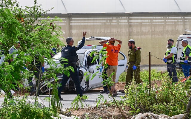 Les forces de sécurité sur les lieux d'un attentat terroriste meurtrier dans la vallée du Jourdain, le 7 avril 2023. (Crédit : Michael Giladi/Flash90)