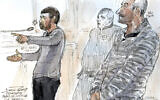 Un croquis du tribunal montre les accusés français Eric Robic (à gauche) et Claude Khayat, jugés le 27 novembre 2014 au tribunal de Paris pour un accident de la route avec délit de fuite à Tel Aviv qui a tué une jeune Israélienne, Lee Zeitouni, 25 ans, et a suscité l'indignation en Israël après que les deux se sont enfuis en France. (Crédit : Benoît Peyrucq/AFP)