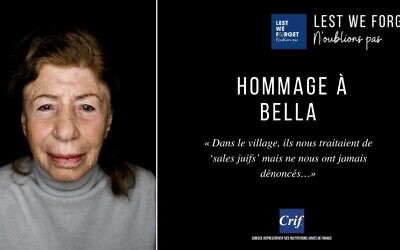 Bellina Kujawski, survivante de la Shoah. (Crédit : CRIF - « Lest We Forget - N'oublions pas »)