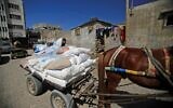 Un Palestinien charge un chariot avec de l'aide alimentaire fournie par le Programme alimentaire mondial de l'ONU, dans le camp de réfugiés d'al-Shati de la bande de Gaza, le 15 mai 2019. (Crédit : MOHAMMED ABED/AFP)