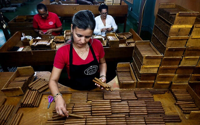 Des employées fabriquent des cigares à la fabrique de cigares Partagas à La Havane, le 2 mars 2023. (Crédit : Yamil LAGE / AFP)