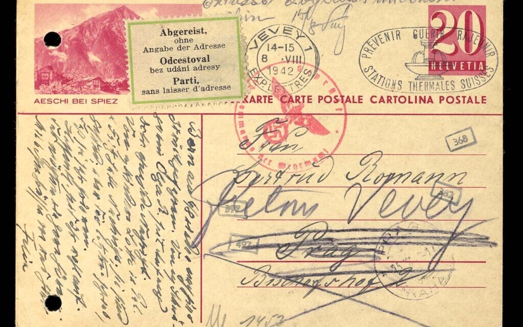 Une carte postale portant la mention « parti sans laisser d’adresse de réexpédition », tirée des archives des familles Hepner et Cahn. (Avec l’aimable autorisation des collections de la Wiener Holocaust Library)