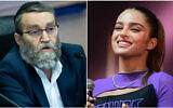 A gauche : Moshe Gafni du parti Yahadout HaTorah, le 18 janvier 2023 (Crédit : Yonatan Sindel/Flash90)  A droite : Noa Kirel, le 7 septembre 2022. (Crédit : Tomer Neuberg/Flash90)