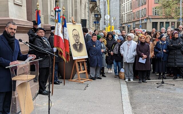 Cérémonie d’hommage à Alfred Thimmesch, Juste parmi les nations, le 24 avril 2023 à Strasbourg. (Crédit : Préfète de région Grand Est & du Bas-Rhin / Twitter)