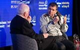 Le chef du Directorat des Renseignements militaires de Tsahal, Aharon Haliva, à droite, s'exprimant lors de la conférence d'Herzliya, le 22 mai 2023. (Crédit : Gilad Kavalerchik)
