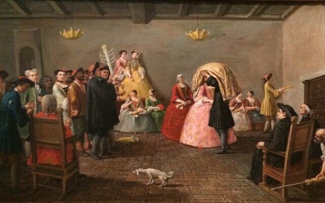 Illustration : "Mariage juif" de Marco Marcuola de Venise, peint vers 1780. (Crédit : Wikimedia commons/ CC SA 4.0/ Moise Nedjar)