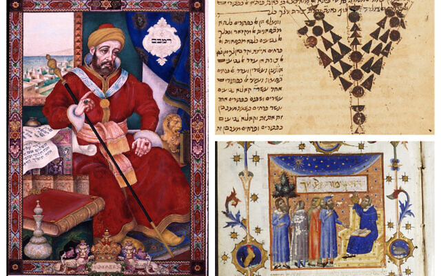 Dans le sens des aiguilles d'une montre, à partir de la gauche : Arthur Szyk, Maïmonide, New Canaan, 1950, aquarelle et gouache sur papier. (Collection du musée de l'université de Yeshiva, don de Louis Werner) ; Commentaire de Moïse Maïmonide sur la Mishna, Égypte, après 1168. (The Bodleian Libraries, University of Oxford) ; Guide des Egarés, Barcelone, 1347 ou 1348, par Moïse Maïmonide. (Bibliothèque royale du Danemark, Copenhague/ toutes les images proviennent de l'exposition du musée de la Yeshiva University "Le chemin d'or : Maïmonide à travers huit siècles")