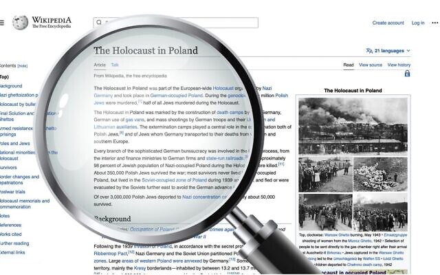 La page Wikipedia sur la Shoah en Pologne. (Illustration : JTA)
