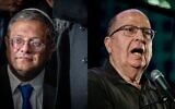 MONTAGE : L'ancien ministre de la Défense Moshe Yaalon (à droite) s'exprime lors d'une manifestation contre la réforme judiciaire prévue par le gouvernement à Tel Aviv, le 27 mai 2023. (Crédit : Avshalom Sassoni/Flash90) ; Le ministre de la Sécurité nationale Itamar Ben Gvir assiste à la réunion hebdomadaire du cabinet, dans les tunnels du mur Occidental, dans la vieille ville de Jérusalem, le 21 mai 2023. (Crédit : Yonatan Sindel/Flash90)