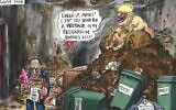 The Guardian s’est excusé pour la caricature de l'ex-directeur de la BBC, Richard Sharp, par Martin Rowson, que certains estiment entachée d'images et tropes antisémites. (Crédit : Capture d'écran The Guardian ; utilisée conformément à l’article 27a de la Loi sur les droits d’auteur)