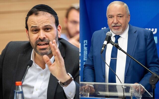 Cette combinaison de photos montre le député de Shas Yinon Azoulay (G) et le chef du parti Yisrael Beytenu Avigdor Liberman. (Crédit : Olivier Fitoussi et Yonatan Sindel/Flash90) Cette combinaison de photos montre le député de Shas Yinon Azoulay (G) et le chef du parti Yisrael Beytenu Avigdor Liberman. (Crédit : Olivier Fitoussi et Yonatan Sindel/Flash90)