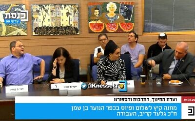 Le député de Hadash-Taal Ofer Cassif, à gauche, se dispute avec le député du Likud Hanoch Milwidsky, à droite, lors d'une réunion de la commission de l'Education, de la Culture et des Sports de la Knesset à Jérusalem, le 19 juillet 2023. (Crédit : Capture d'écran : Twitter ; utilisé conformément à la clause 27a de la loi sur le droit d'auteur)