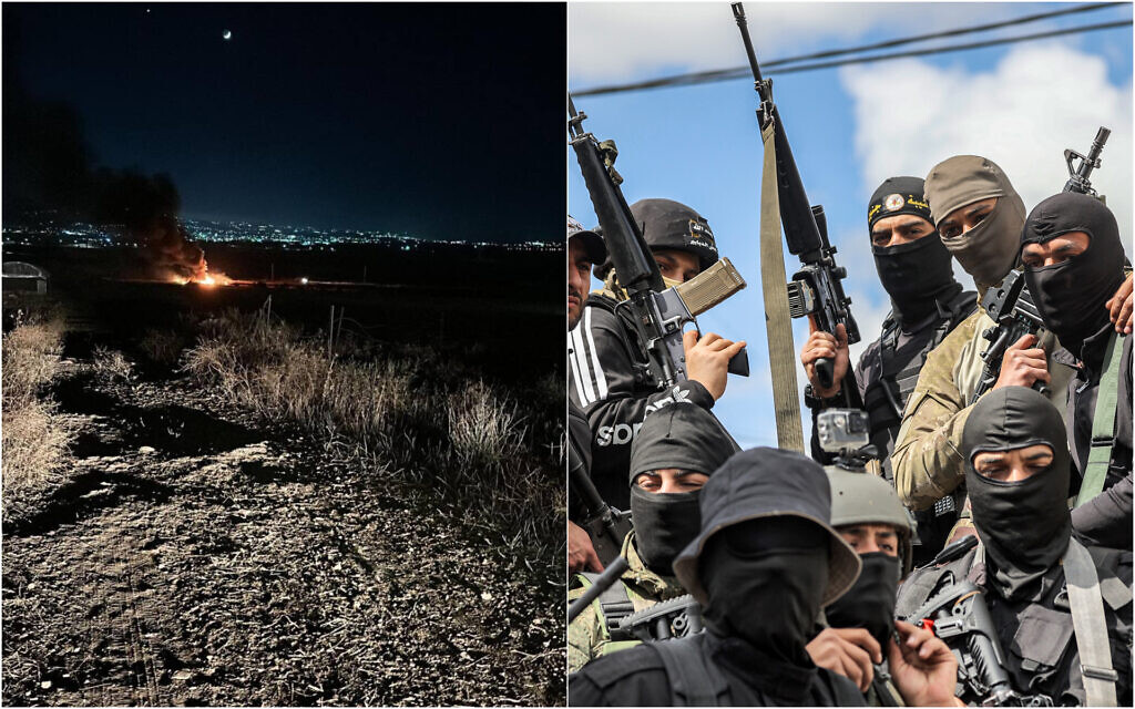 A droite : Des tireurs palestiniens masqués se rassemblent pendant les funérailles des personnes tuées lors d'un raid de l'armée israélienne dans la ville de Jénine en Cisjordanie, le 8 mars 2023. À gauche : La scène d'une frappe de drone israélien sur un véhicule près de Jénine le 21 juin 2023 (Crédits : JAAFAR ASHTIYEH / AFP ; Réseaux sociaux - Utilisé conformément à la clause 27a de la loi sur le droit d'auteur) A droite : Des tireurs palestiniens masqués se rassemblent pendant les funérailles des personnes tuées lors d'un raid de l'armée israélienne dans la ville de Jénine en Cisjordanie, le 8 mars 2023. À gauche : La scène d'une frappe de drone israélien sur un véhicule près de Jénine le 21 juin 2023 (Crédits : JAAFAR ASHTIYEH / AFP ; Réseaux sociaux - Utilisé conformément à la clause 27a de la loi sur le droit d'auteur)