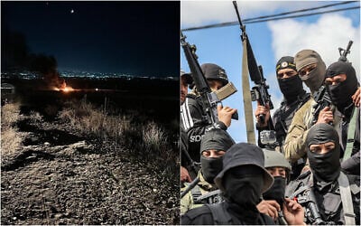 A droite : Des tireurs palestiniens masqués se rassemblent pendant les funérailles des personnes tuées lors d'un raid de l'armée israélienne dans la ville de Jénine en Cisjordanie, le 8 mars 2023. À gauche : La scène d'une frappe de drone israélien sur un véhicule près de Jénine le 21 juin 2023 (Crédits : JAAFAR ASHTIYEH / AFP ; Réseaux sociaux - Utilisé conformément à la clause 27a de la loi sur le droit d'auteur)